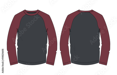 Two tone Color Raglan Long sleeve T shirt vector illustration template front and back views