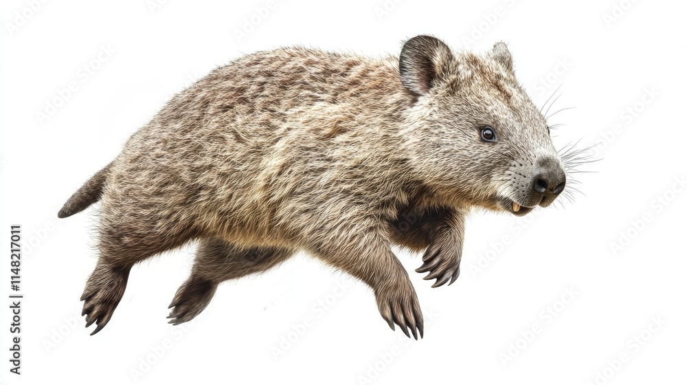 Playful Wombat Leaping Through the Air in a Dynamic Action Pose Against a Bright White Background, Showcasing Its Unique Features and Adorable Appearance Playful Wombat Leaping Through the Air in a Dynamic Action Pose Against a Bright White Background, Showcasing Its Unique Features and Adorable Appearance