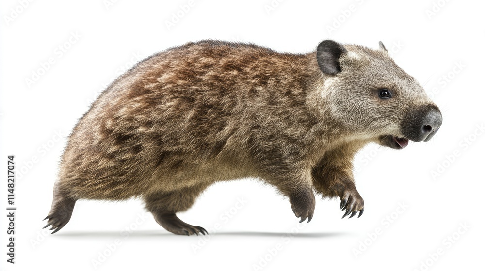 A Playful Wombat in Mid-Run Captured in Exquisite Detail, Showcasing Its Thick Fur and Short Legs Against a White Background for Wildlife and Nature Photography A Playful Wombat in Mid-Run Captured in Exquisite Detail, Showcasing Its Thick Fur and Short Legs Against a White Background for Wildlife and Nature Photography