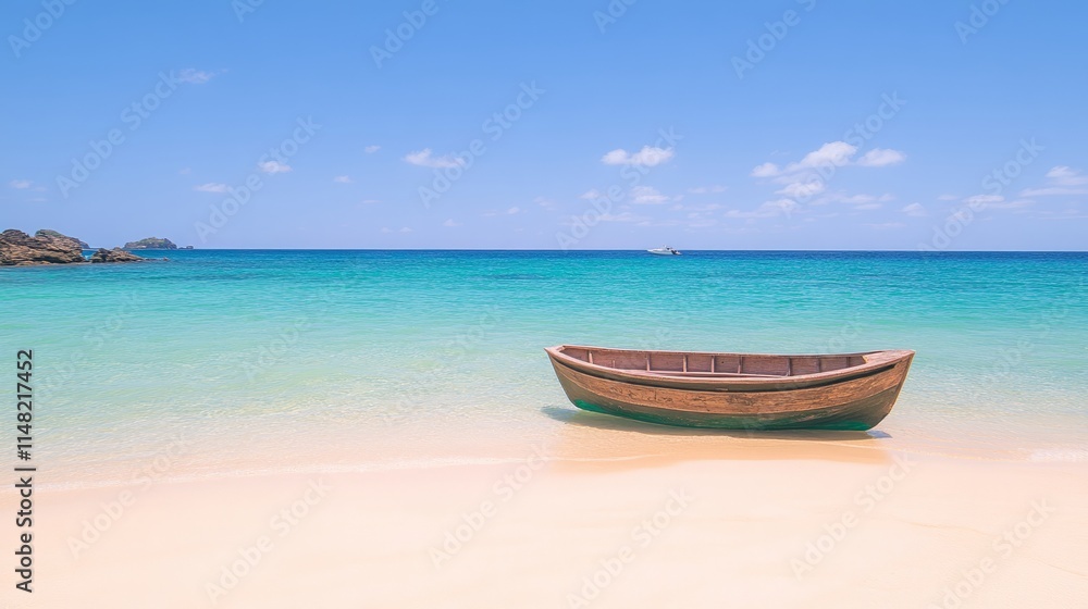 Naklejka premium Tranquil Beach Scene with Wooden Boat on Calm Waters