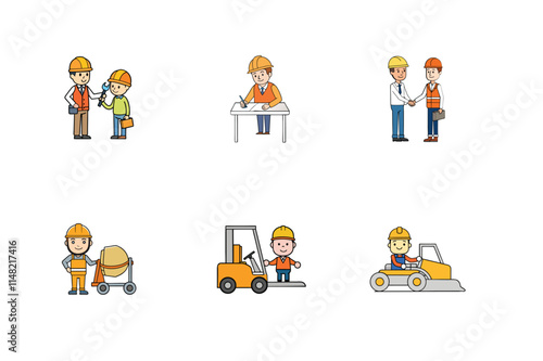 Set of Construction engineer working activities vector illustration