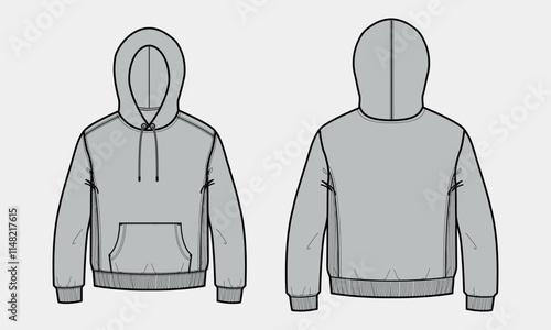 Long sleeve hoodie  technical fashion Drawing sketch template front and back view. apparel dress design vector illustration mock up jacket CAD. Easy edit and customizable.
