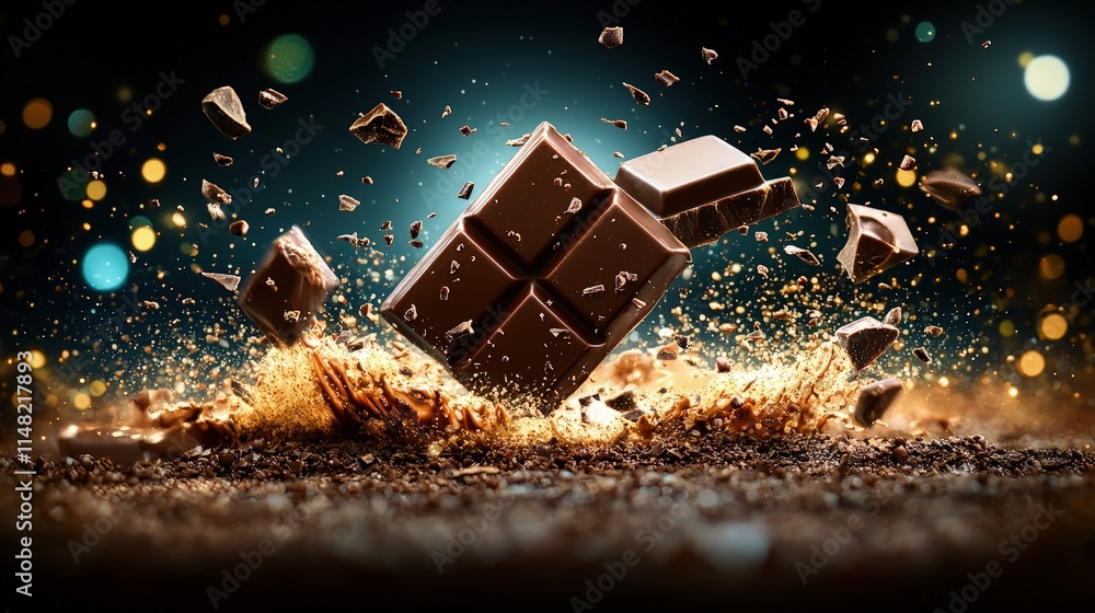 Naklejka premium Dark chocolate bar shattering with cocoa powder explosion and flying pieces against a dark background with colorful bokeh lights.