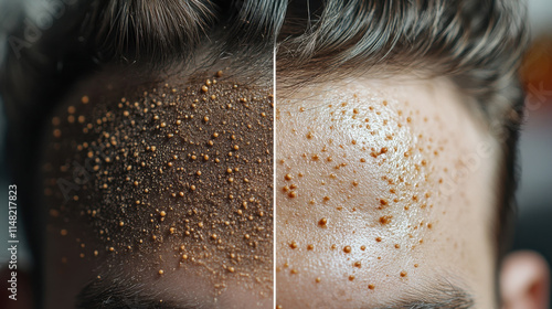 Dandruff and Scalp Care, A split image showing a forehead with a textured, bumpy appearance on one side and a smoother, clearer complexion on the other side, highlighting skincare differences. photo