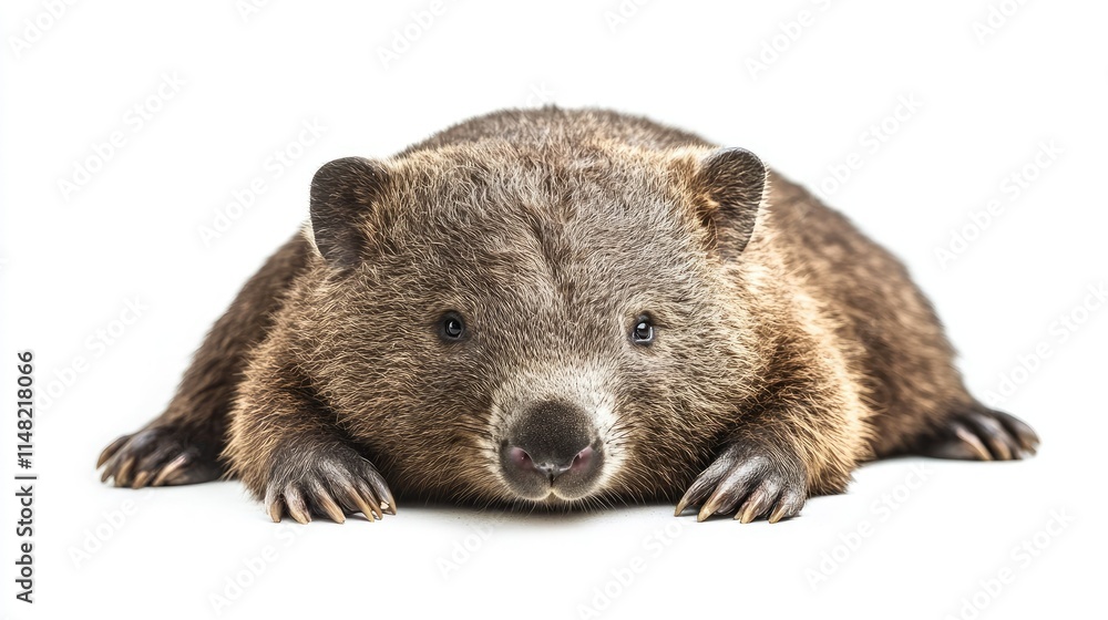 Close-Up Portrait of a Cute and Fluffy Wombat Relaxing on a White Background, Showcasing Its Charm and Unique Features in a Studio Setup Close-Up Portrait of a Cute and Fluffy Wombat Relaxing on a White Background, Showcasing Its Charm and Unique Features in a Studio Setup