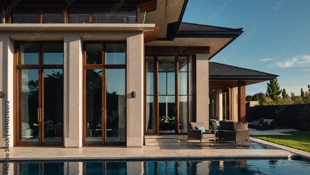 Fototapeta premium Modern house exterior with large windows, light beige walls, dark brown wood trim, and a swimming pool. Outdoor furniture is visible on the patio. The scene is sunlit.