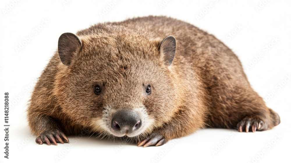 Adorable Close-Up of a Wombat Resting on a White Background Capturing Its Unique Features and Texture, Perfect for Nature and Wildlife Photography