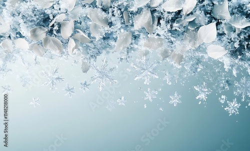 Frozen flower petals and snowflakes falling on a light blue background. photo