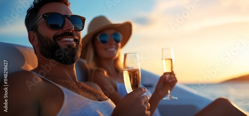 Couple enjoying champagne at sunset on a boat.