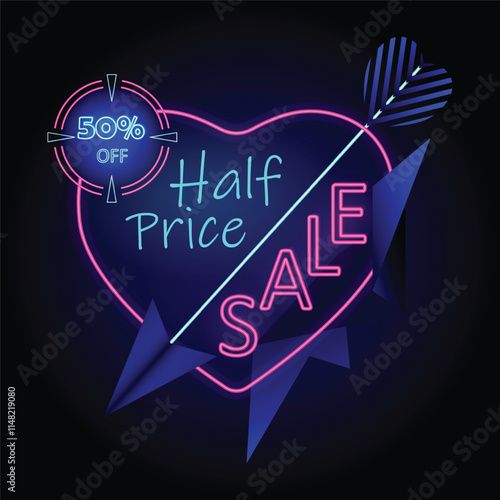 Bright Neon Valentine’s Day Sale Banner with neon Heart, Arrow, target, half price, sale, fifty percent discount and stylish navy blue elements for holiday promotions