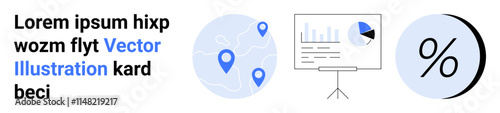 Business data presentation with map markers, analytical display, and percentage symbol. Ideal for statistics, marketing, infographics, business reports, financial summaries, educational content