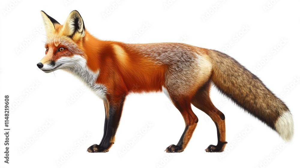 Obraz premium Detailed Portrait of a Red Fox Showcasing Its Vibrant Fur and Distinctive Features, Set Against a Clean White Background for Nature and Wildlife Imagery