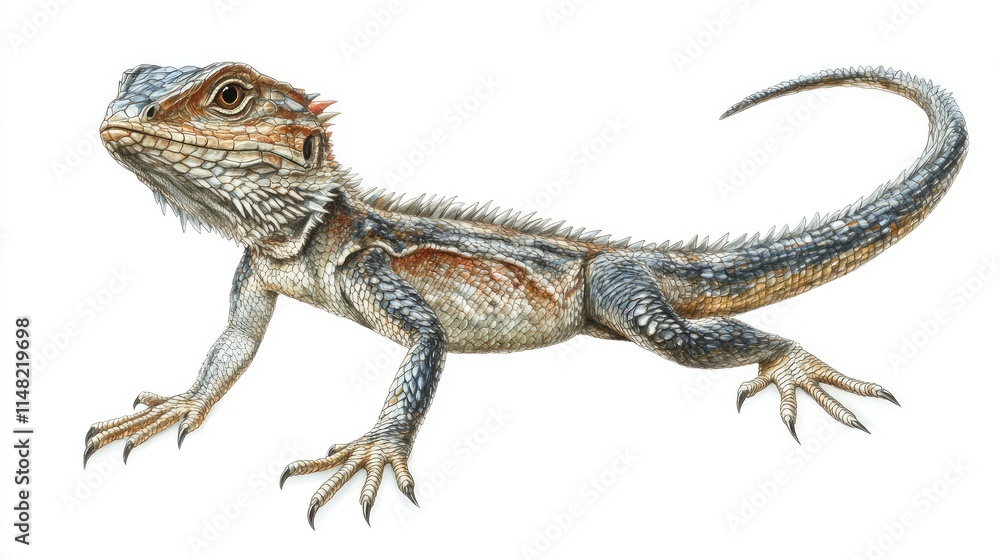 Naklejka premium Detailed Illustration of a Colorful Lizard with Intricate Scales and Textures, Showcasing Its Unique Features, Natural Habitat, and Reptilian Anatomy in Bright Colors