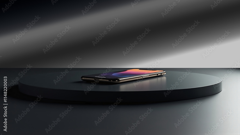 Sleek smartphone being showcased on display and positioned on a thin round reflective black platform Sleek smartphone being showcased on display and positioned on a thin round reflective black platform