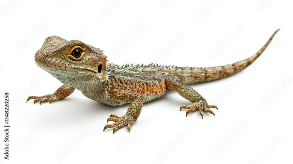 Close-up of a Vibrant Lizard with Intricate Scales and a Curious Expression Against a Clean White Background Close-up of a Vibrant Lizard with Intricate Scales and a Curious Expression Against a Clean White Background