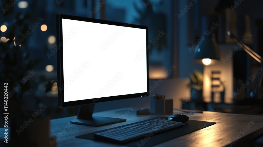 a blank white screen on a high-tech desktop monitor, glowing faintly a blank white screen on a high-tech desktop monitor, glowing faintly