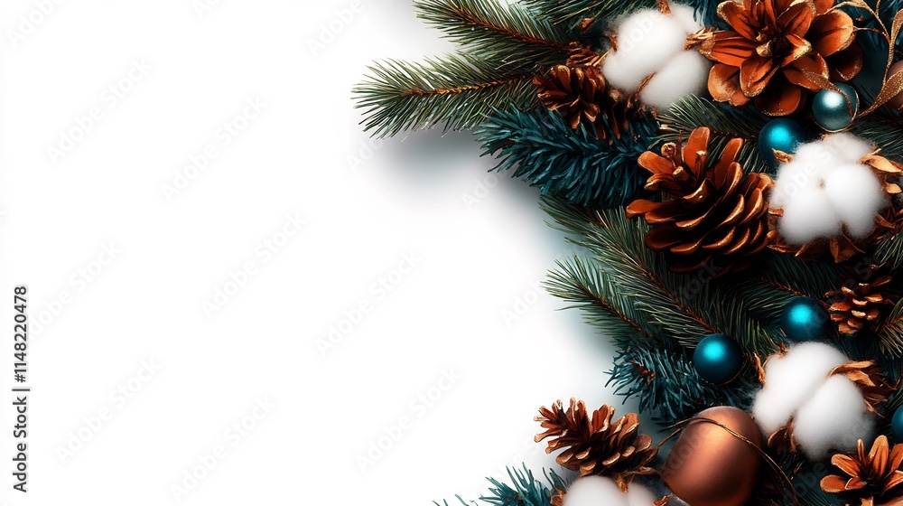 Elegant Christmas Border: Festive Composition with Pine Branches, Golden Pine Cones, Cotton Flowers, and Teal Ornaments on a White Background Elegant Christmas Border: Festive Composition with Pine Branches, Golden Pine Cones, Cotton Flowers, and Teal Ornaments on a White Background