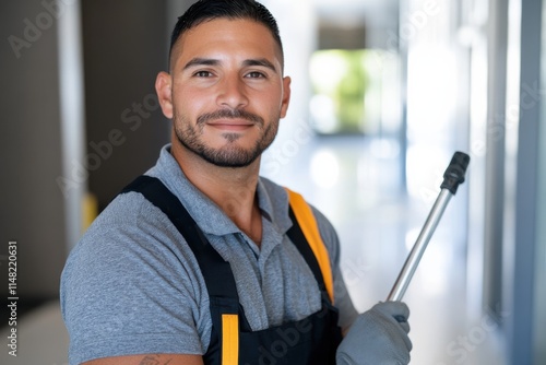 A confident male worker smiles while standing in a modern office, showcasing his professional attire and tools, exuding skill and readiness for work. photo