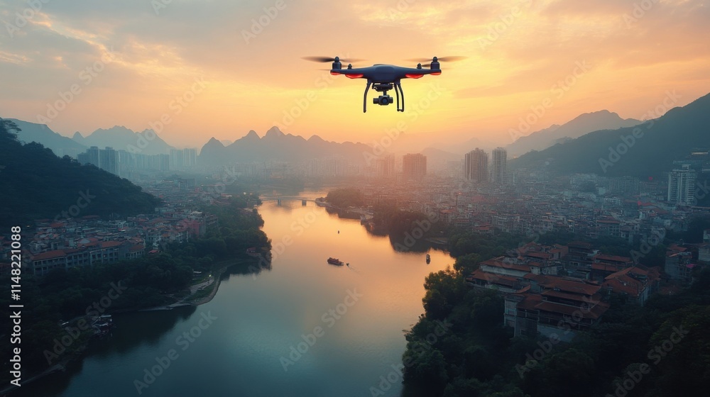 Fototapeta premium Drone captures breathtaking sunset over city, river, and mountains. Serenity!