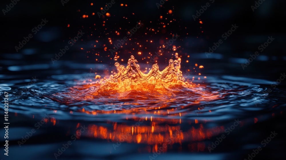 Fiery water splash with glowing droplets. Fiery water splash with glowing droplets.