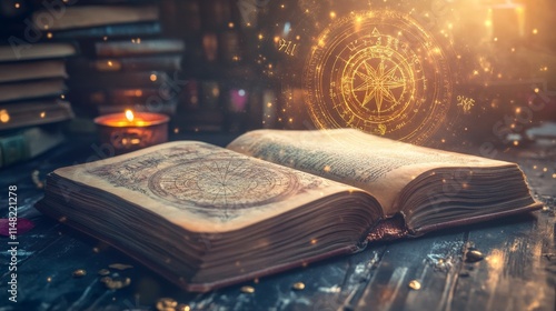 Glowing diagram of a natal chart and an open magic book photo