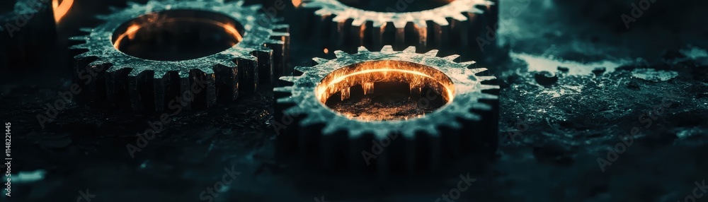 Close-up of metallic gears with a dark, industrial background and a hint of glowing detail, Surreal glowing robotic gears image