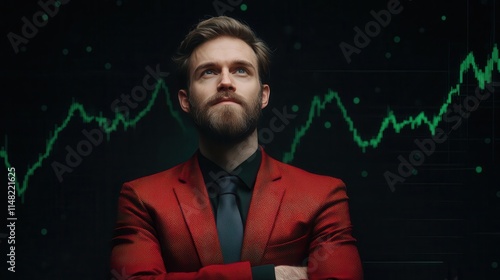 Entrepreneur surrounded by virtual charts showing stock gains, financial growth, stock market wealth photo