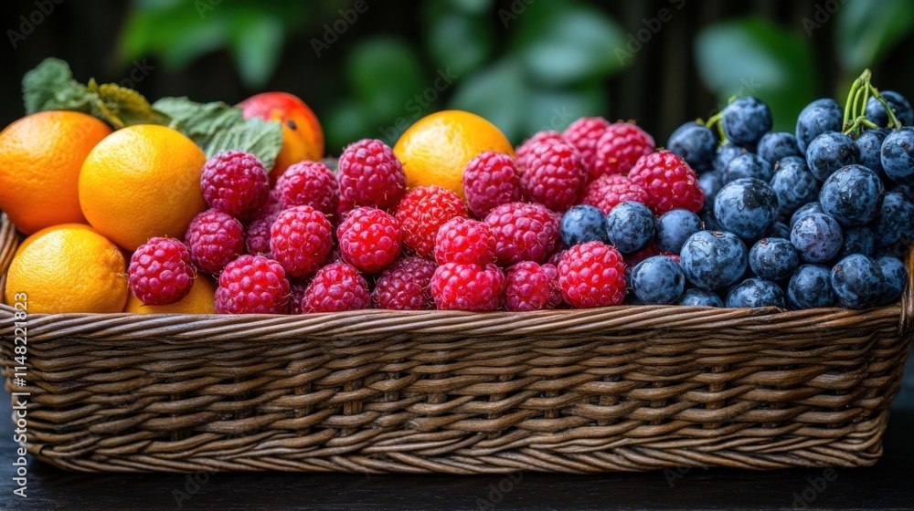 Summer's Bounty: A Basket Overflowing with Raspberries, Oranges, and Grapes! Summer's Bounty: A Basket Overflowing with Raspberries, Oranges, and Grapes!