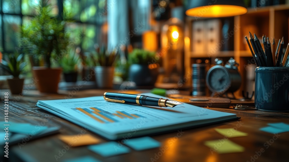 custom made wallpaper toronto digitalCreative workspace with an open notebook and fountain pen on a rustic wooden desk, surrounded by sticky notes, charts, and potted plants, reflecting a productive and artistic atmosphere