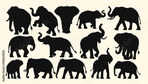 Silhouettes of elephants in various poses, showcasing their majestic and iconic shapes.