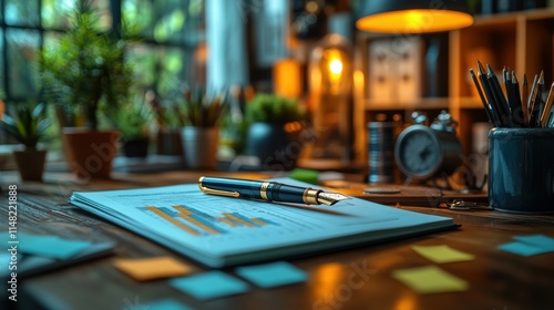 Wallpaper Mural Creative workspace with an open notebook and fountain pen on a rustic wooden desk, surrounded by sticky notes, charts, and potted plants, reflecting a productive and artistic atmosphere Torontodigital.ca