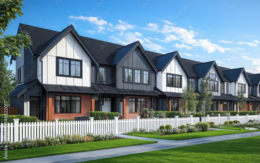 Obraz premium A scenic view of modern townhouses in the city of British Columbia, Canada, highlighting white picket fences, neatly kept green lawns, gray wood paneling, black tiled roofs