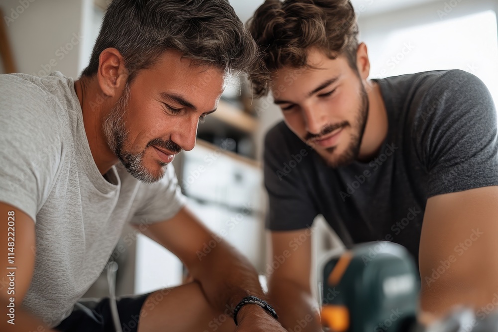 This image showcases two men, one older and one younger, working together intently on a woodworking project, highlighting collaboration and craftsmanship in their workshop. This image showcases two men, one older and one younger, working together intently on a woodworking project, highlighting collaboration and craftsmanship in their workshop.