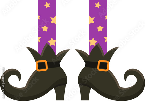 Witch legs adorned with purple stockings featuring gold stars, complemented by classic shoes with curled toes and an orange buckle, perfect for enhancing Halloween themed projects