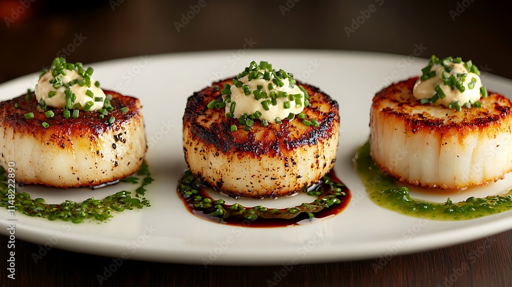 Seared Scallops with Creamy Herb Sauce and Garnish Seared Scallops with Creamy Herb Sauce and Garnish