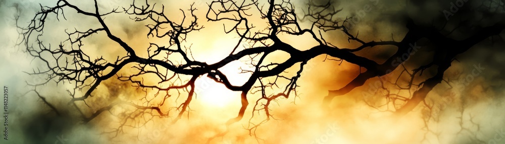 Mystical Sunset Silhouette Bare Branches Foggy Sky Mystical Sunset Silhouette Bare Branches Foggy Sky