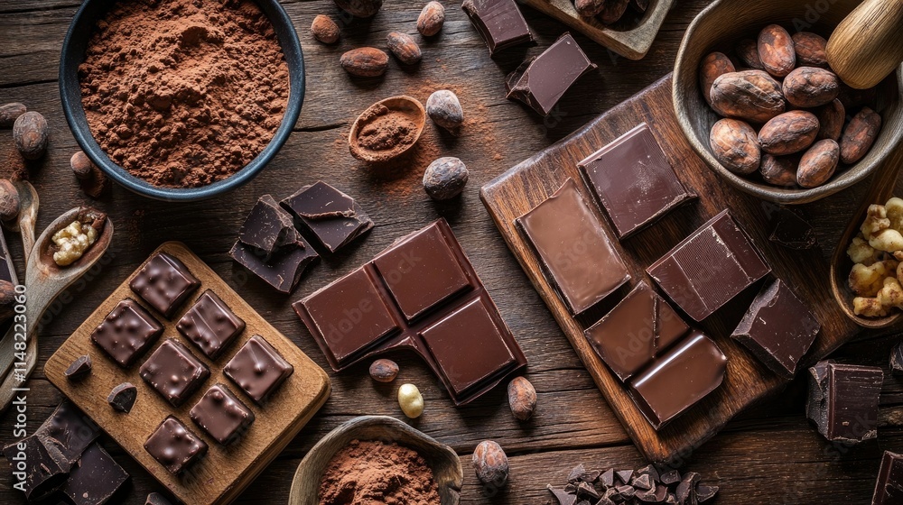 A Delicious Assortment of Artisan Dark Chocolate, Cocoa Beans, and Cocoa Powder on Rustic Wooden Table for Gourmet Dessert Inspiration and Culinary Imagination A Delicious Assortment of Artisan Dark Chocolate, Cocoa Beans, and Cocoa Powder on Rustic Wooden Table for Gourmet Dessert Inspiration and Culinary Imagination