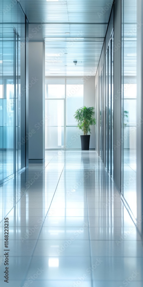 A long, empty hallway with a potted plant in the middle. The plant is a small green tree with a black pot A long, empty hallway with a potted plant in the middle. The plant is a small green tree with a black pot
