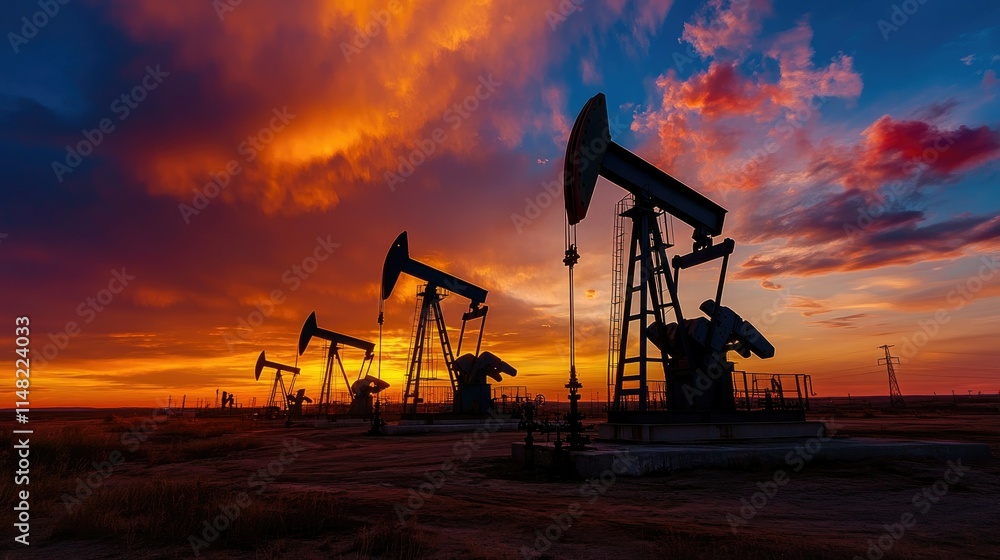 Silhouetted Oil Pumps Against a Stunning Sunset Sky with Dramatic Clouds and Vibrant Colors in an Oil Field Landscape Silhouetted Oil Pumps Against a Stunning Sunset Sky with Dramatic Clouds and Vibrant Colors in an Oil Field Landscape
