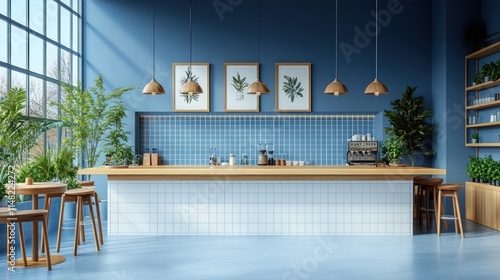 Modern cafe interior with blue walls, wooden bar, and large window.