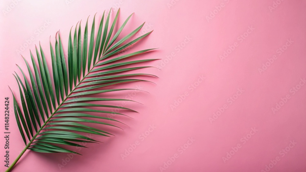 Fototapeta premium Vibrant Green Palm Frond on a Soft Pink Background, Perfect for Summer Designs and Tropical Themed Projects