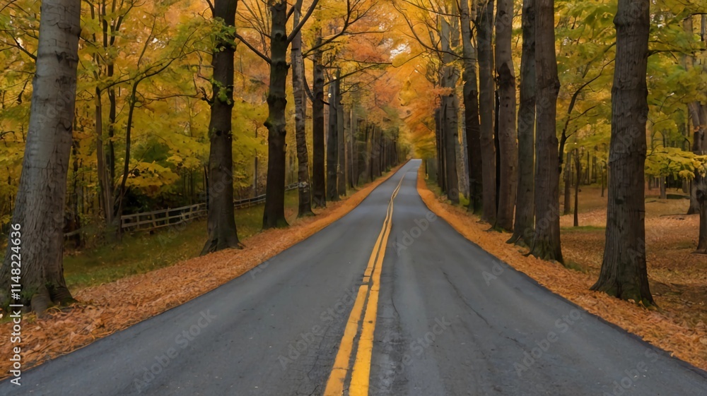 A charming country road lined with trees displaying their autumn colors A charming country road lined with trees displaying their autumn colors