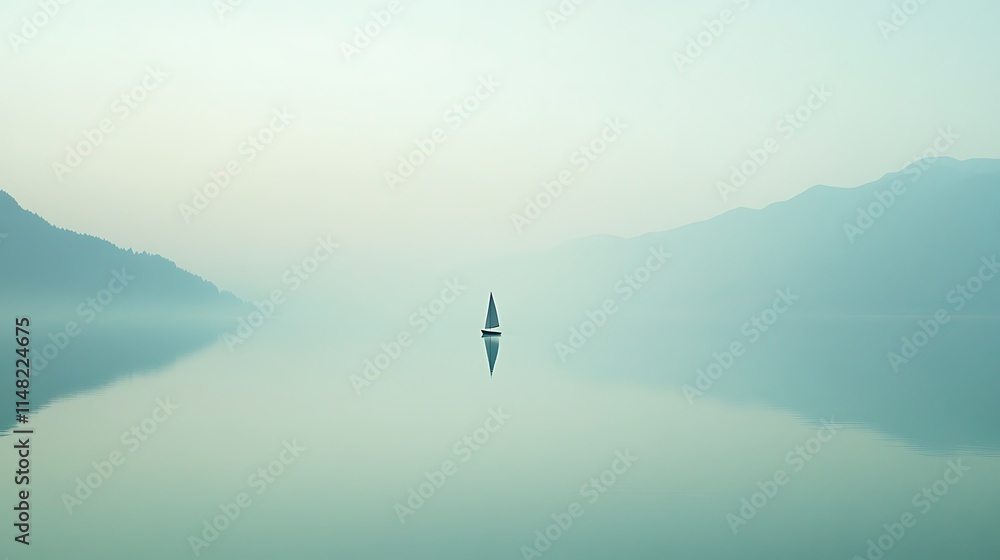 Sailboat on tranquil lake.