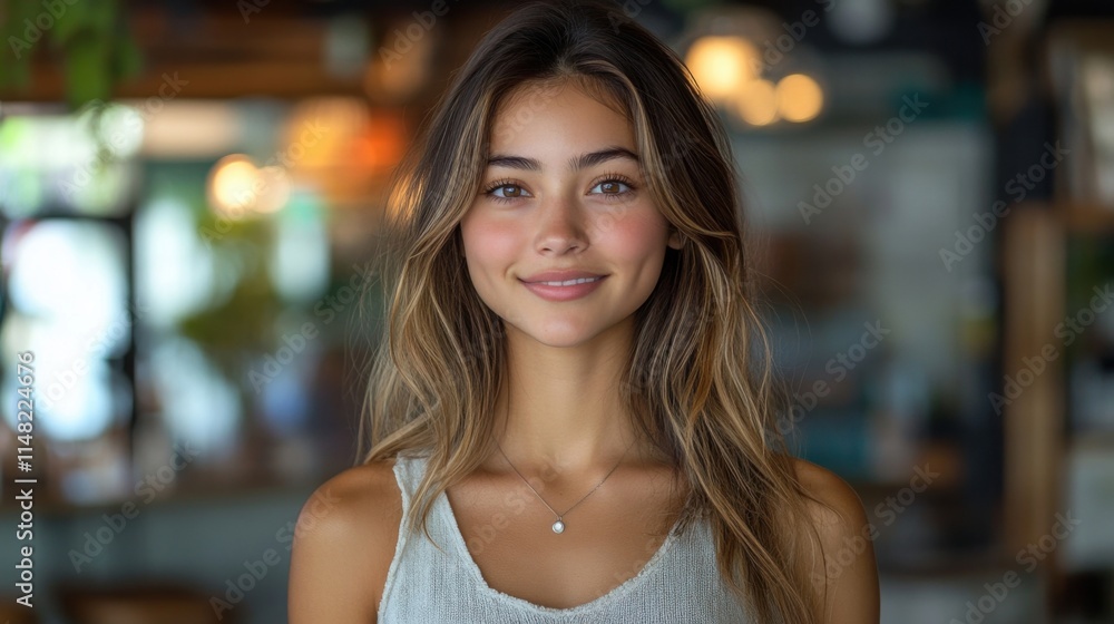 Radiant young woman smiles warmly, her beauty enhanced by a softly blurred background. Radiant young woman smiles warmly, her beauty enhanced by a softly blurred background.