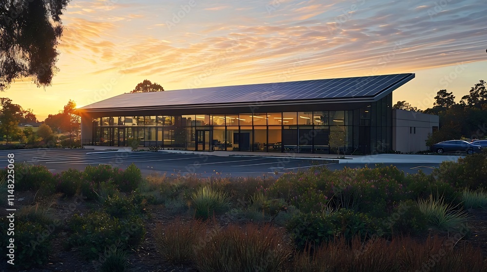 Modern sustainable building with solar panels at sunset. Modern sustainable building with solar panels at sunset.