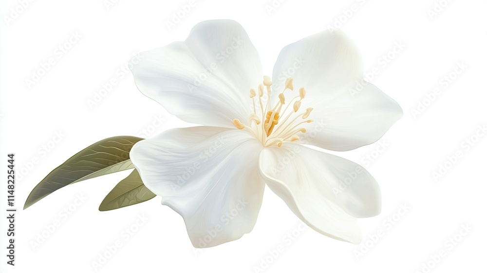 Beautiful White Flower with Delicate Petals and Green Leaves, Featuring Intricate Details and Soft Elegance on a Light Background for Nature Photography