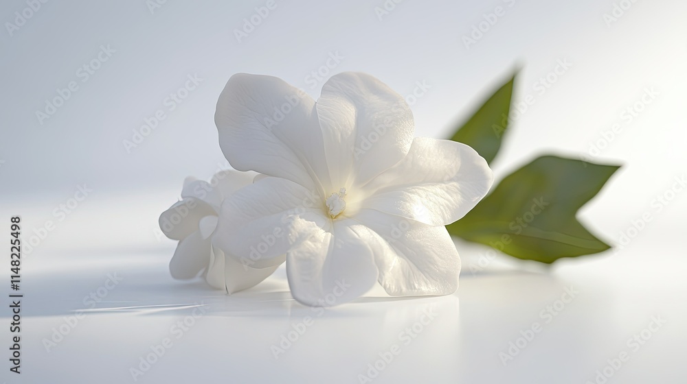 Elegant White Flower with Smooth Petals and Lush Green Leaves on Soft Background Reflecting Tranquility and Natural Beauty in Dappled Light Elegant White Flower with Smooth Petals and Lush Green Leaves on Soft Background Reflecting Tranquility and Natural Beauty in Dappled Light