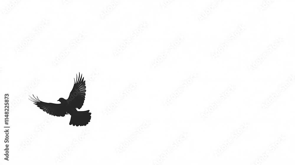 Fototapeta premium Dark bird soars against white background.