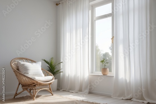 Sheer white curtains on the window of a white living room interior with a striped, linen pillow on a modern wicker chair