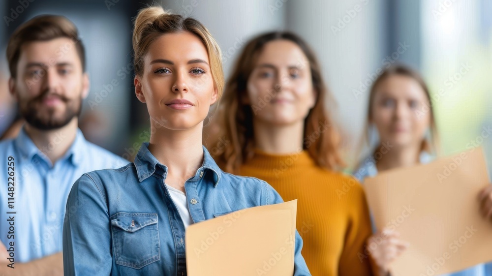 A group of diverse individuals stands together, confidently holding documents, showcasing teamwork and professionalism in a modern setting. A group of diverse individuals stands together, confidently holding documents, showcasing teamwork and professionalism in a modern setting.